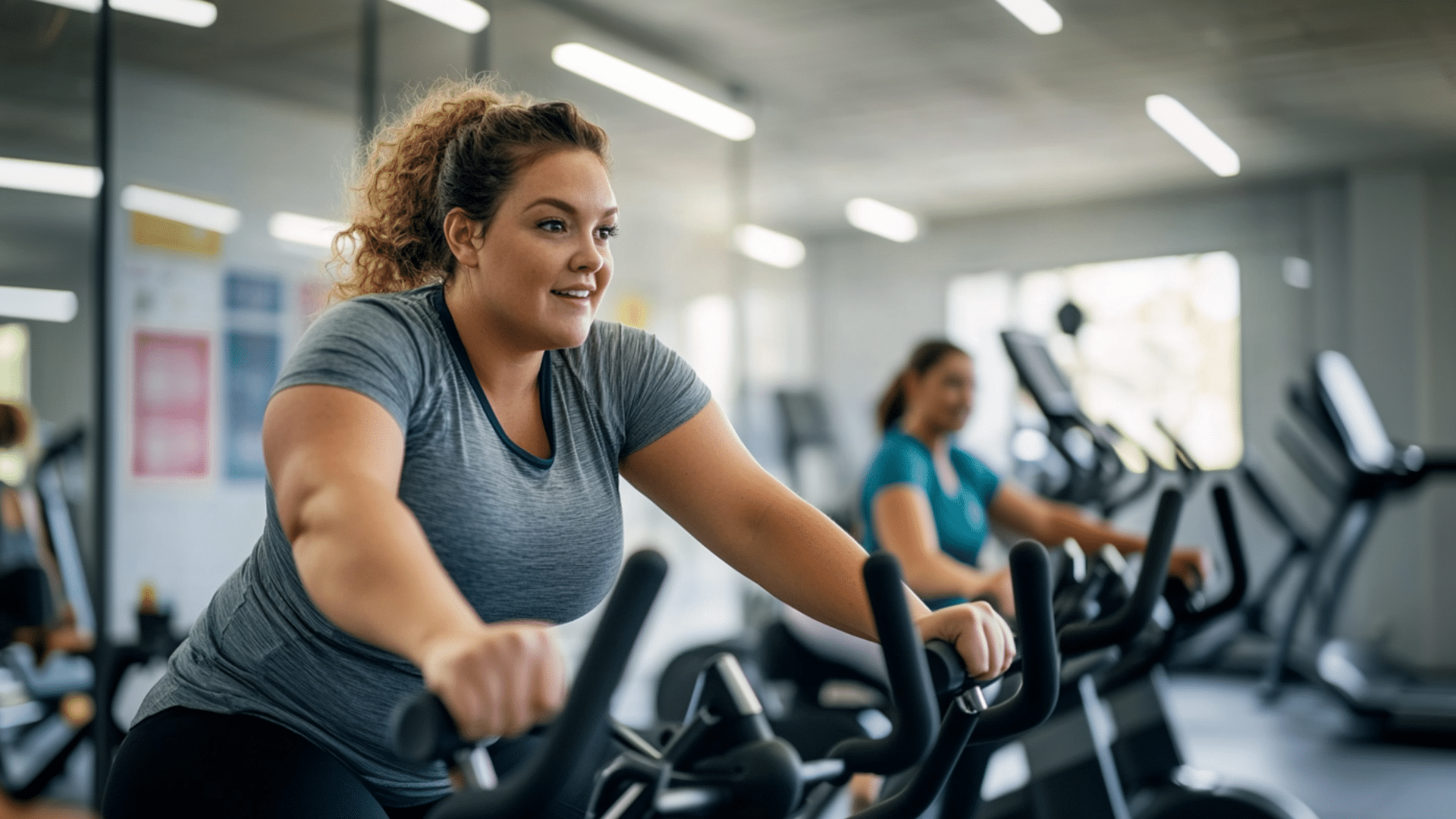 an image of a slightly overweight woman happily riding a stationary bike in a bright, modern gym. She should be wearing comfortable workout attire, with a focused yet joyful expression on her face as she pedals. The gym should feature other exercise equipment in the background, with motivational posters on the walls promoting health and fitness.