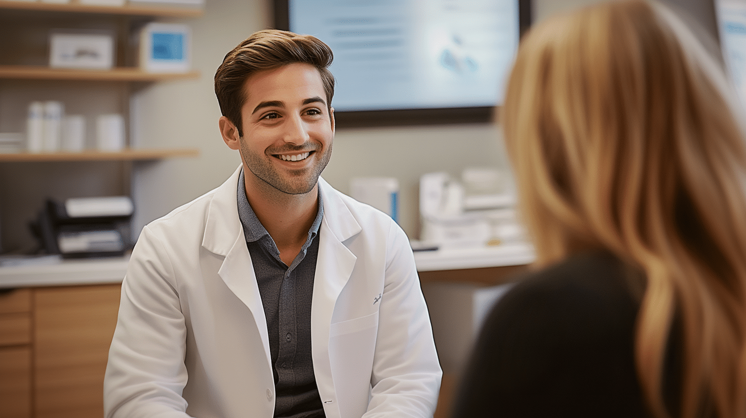 A welcoming and professional clinic setting. Show a friendly consultant wearing a white coat interacting with a client in a comfortable, well-designed consultation room.