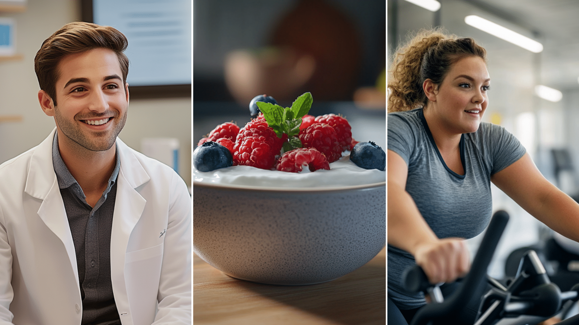 A welcoming and professional clinic setting. Show a friendly consultant wearing a white coat interacting with a client in a comfortable, well-designed consultation room. an image of a bowl of Greek yogurt with mixed berries on top of a modern kitchen table.