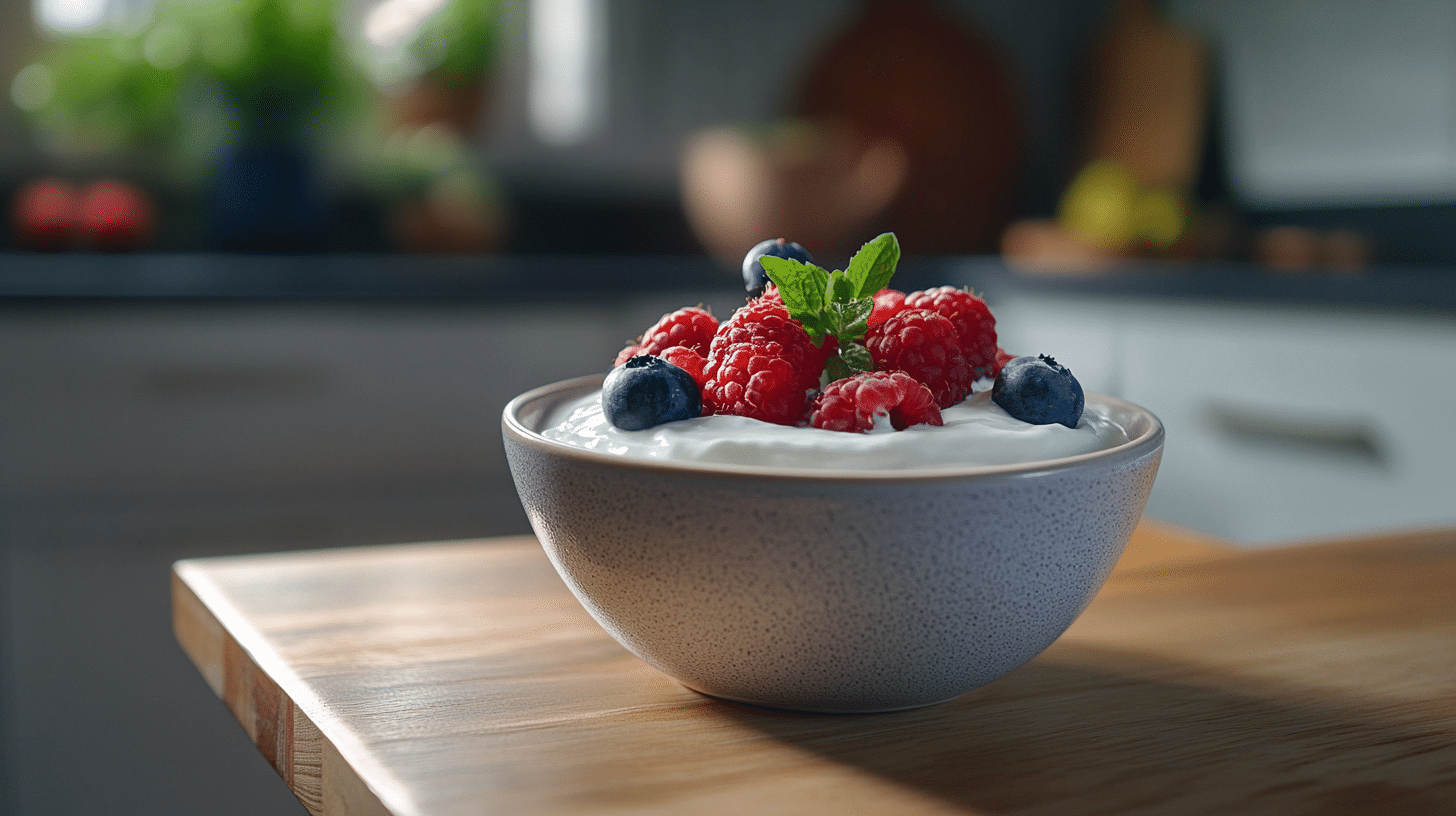 an image of a bowl of Greek yogurt with mixed berries on top of a modern kitchen table.