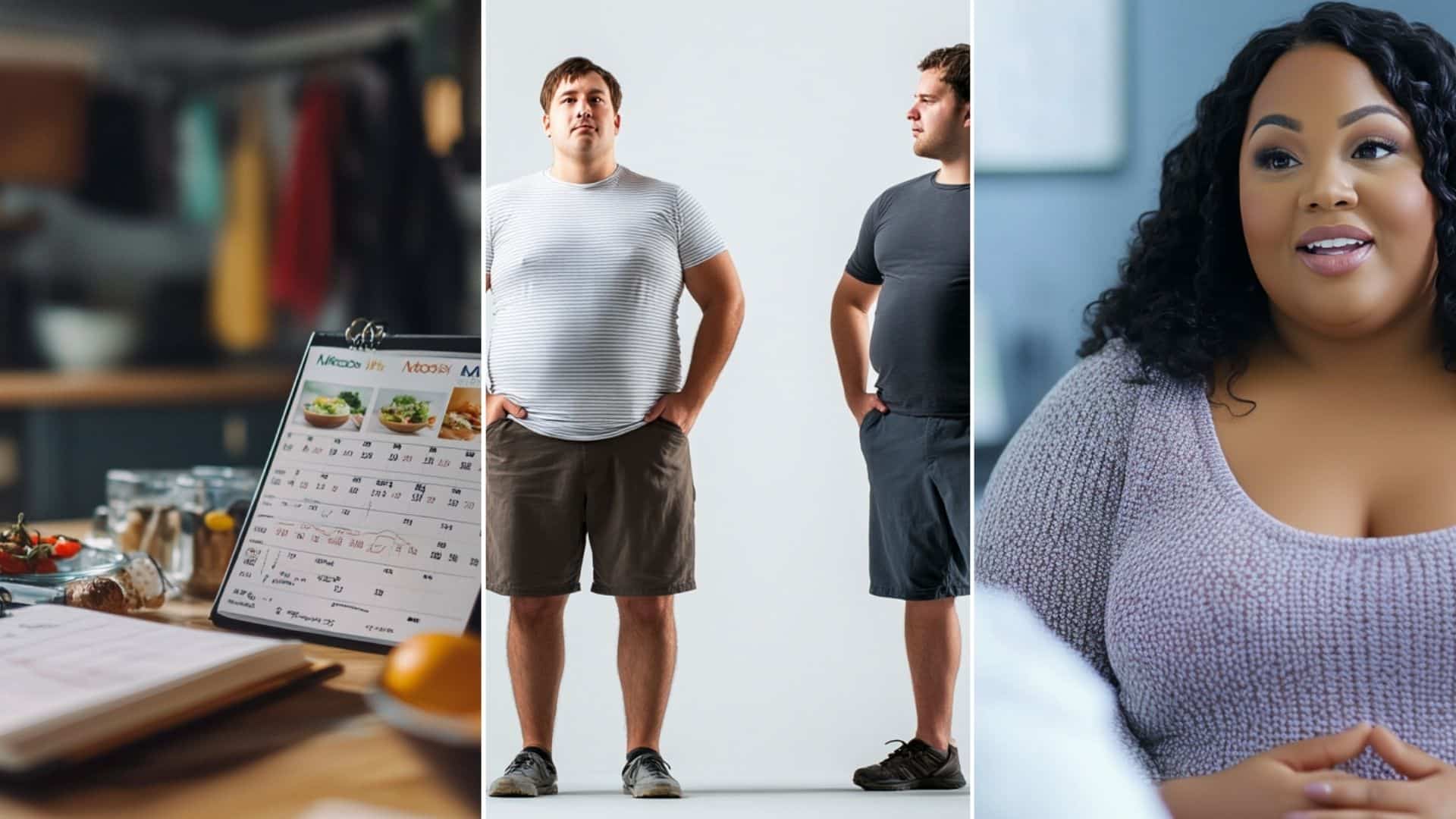 a neatly organized workspace featuring an open food journal, where healthy meals and portion sizes are recorded. Next to the journal, include a fitness tracker or smartphone displaying logged physical activity, such as steps taken and calories burned. Three men standing side by side, each representing different body types: one overweight, one skinny fat, and one with low testosterone. Displayed on a lower screen against a plain white background. A realistic depiction of a plus-sized woman with obesity having a conversation with a doctor in a clinical setting. The woman is smiling and engaging with the doctor, who is listening attentively. The scene conveys a supportive and informative atmosphere.