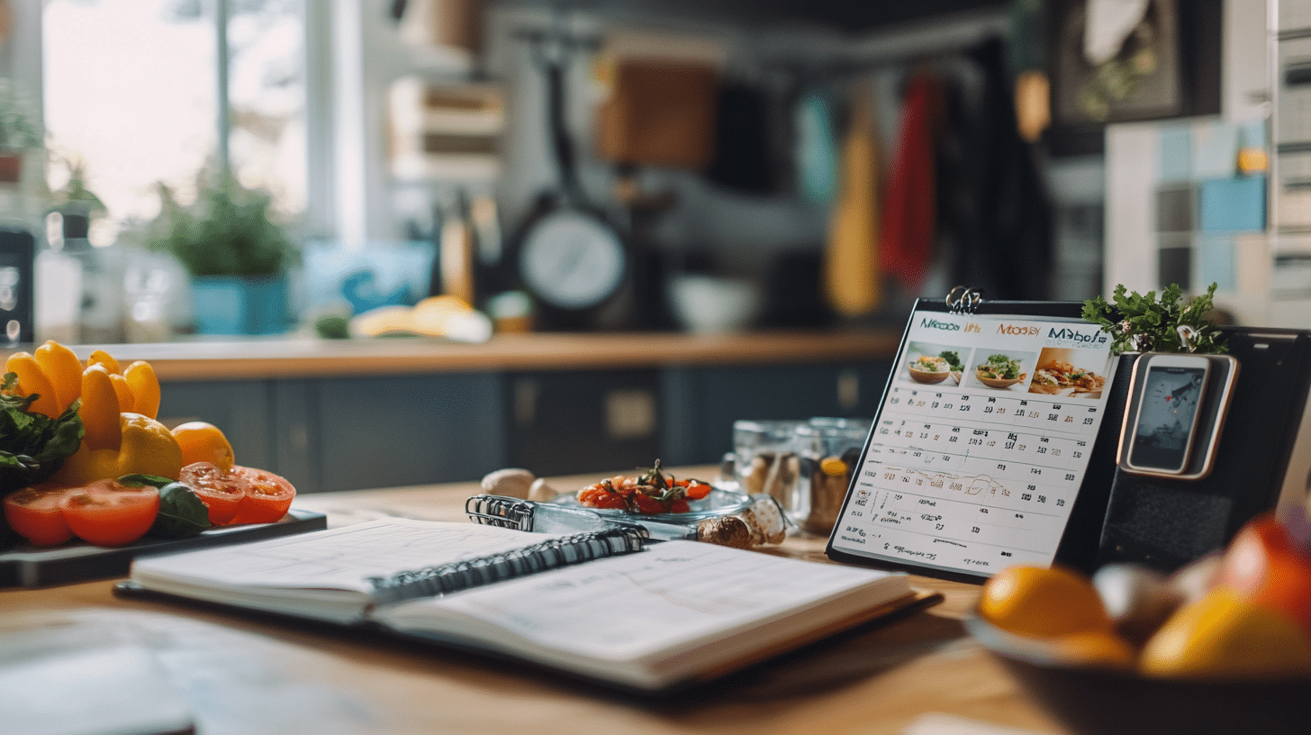 a neatly organized workspace featuring an open food journal, where healthy meals and portion sizes are recorded. Next to the journal, include a fitness tracker or smartphone displaying logged physical activity, such as steps taken and calories burned.