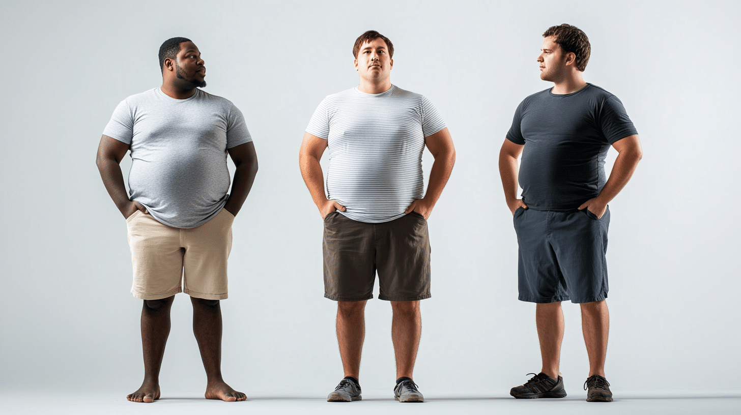 Three men standing side by side, each representing different body types: one overweight, one skinny fat, and one with low testosterone. Displayed on a lower screen against a plain white background.