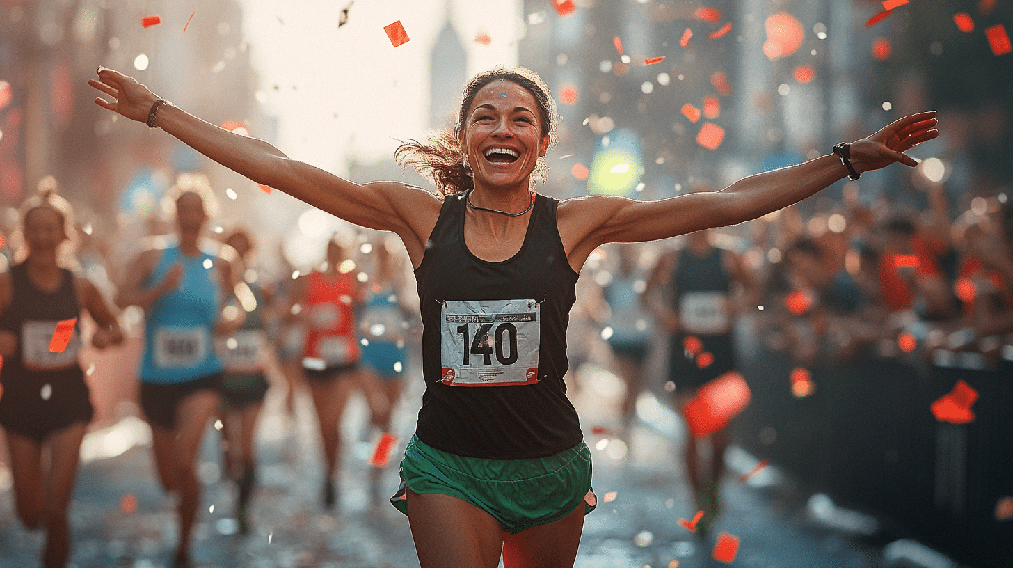 image of a female runner, around 40 years old, joyfully posing with her arms outstretched while running in a marathon. She is wearing a black tank top, green shorts, and a race number. Confetti is raining down, adding a festive atmosphere. The background shows other runners competing on a city street lined with spectators and barricades, capturing the lively race day environment. Make sure her face is detailed and photorealistic.