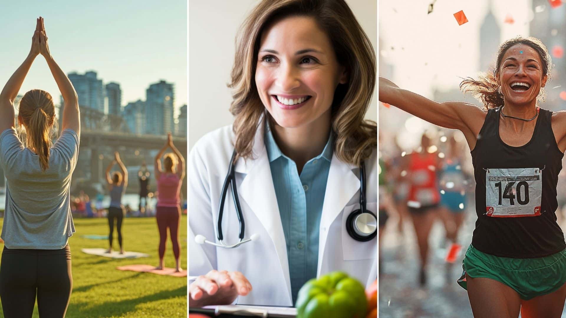 A Female Dietitian with a correct stethoscope Counseling a Patient with Proper Nutrition and Diet Meal Plans in a Medical Consultation Room. In the distance, there’s a group of people practicing yoga in a city park. The yoga instructor, seen from behind, is leading the group in the tree pose, with everyone standing on one leg and their arms raised above their heads. Each person has their own yoga mat placed on the grass. In the background, there’s an urban skyline with tall buildings and a bridge, indicating the park is near a city waterfront. image of a female runner, around 40 years old, joyfully posing with her arms outstretched while running in a marathon. She is wearing a black tank top, green shorts, and a race number. Confetti is raining down, adding a festive atmosphere. The background shows other runners competing on a city street lined with spectators and barricades, capturing the lively race day environment. Make sure her face is detailed and photorealistic.