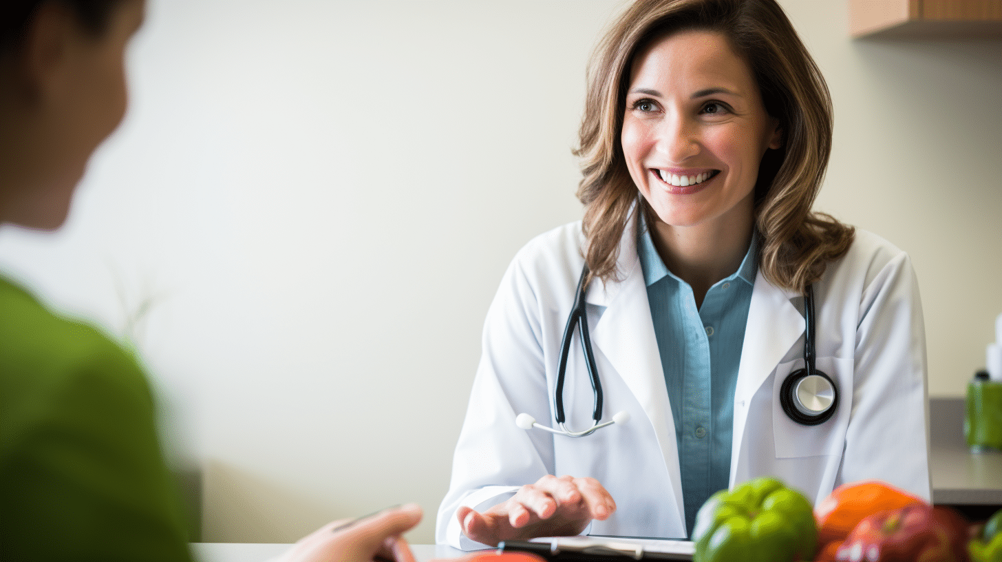 A Female Dietitian with a correct stethoscope Counseling a Patient with Proper Nutrition and Diet Meal Plans in a Medical Consultation Room.