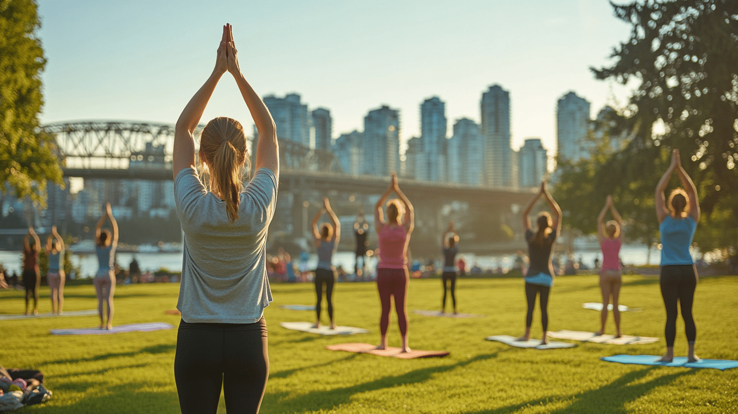 In the distance, there’s a group of people practicing yoga in a city park. The yoga instructor, seen from behind, is leading the group in the tree pose, with everyone standing on one leg and their arms raised above their heads. Each person has their own yoga mat placed on the grass. In the background, there’s an urban skyline with tall buildings and a bridge, indicating the park is near a city waterfront.