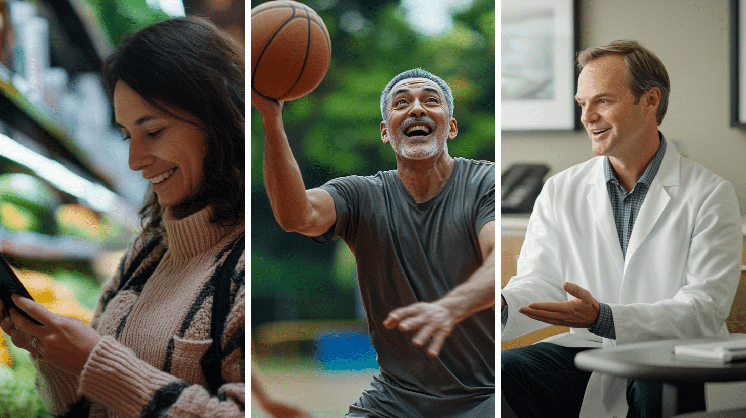 A woman in her 40s selecting healthy groceries while reviewing macronutrient and calorie information on her phone, a man in his 50's happily playing basketball with his peers, and a clinician with his patient having a discussion about unhealthy habits that contribute to weight gain.