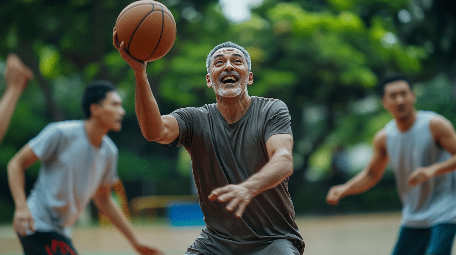 A man in his 50's happily playing basketball with his peers on an outdoor court surrounded by lush greenery.