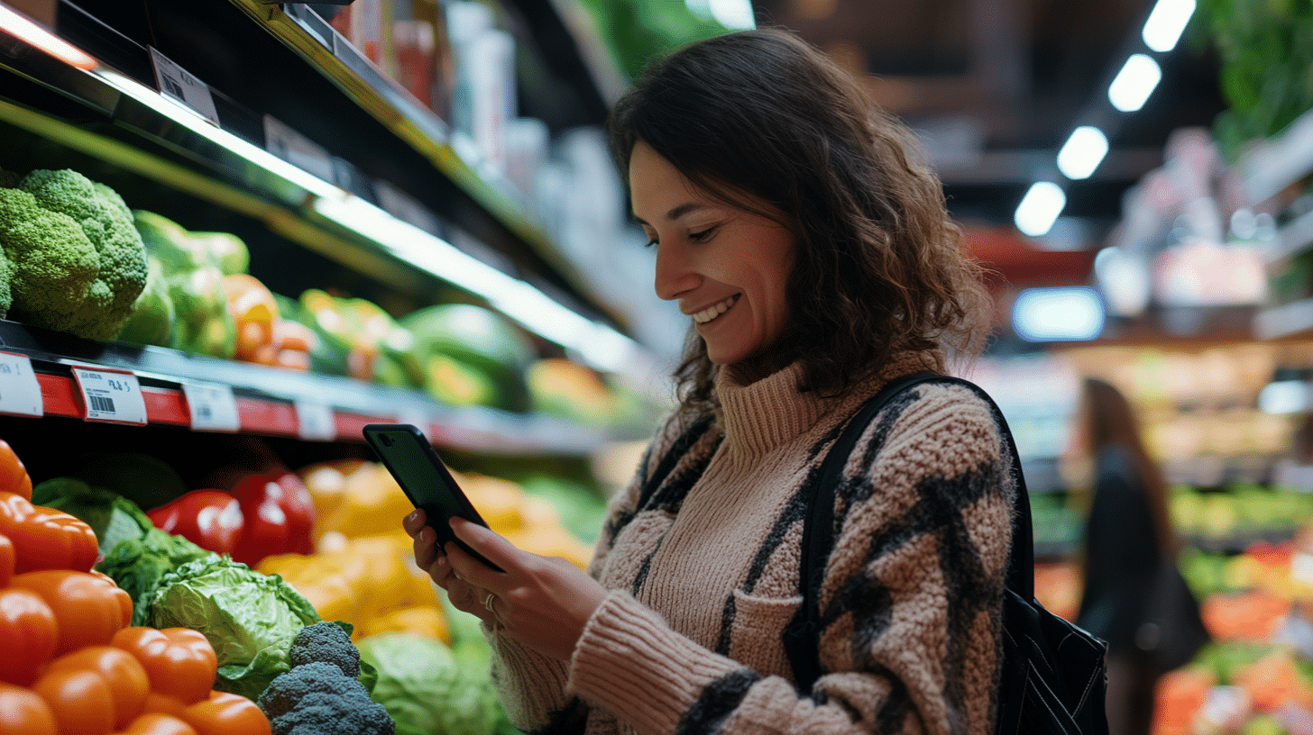 A woman in her 40s selecting healthy groceries while reviewing macronutrient and calorie information on her phone.