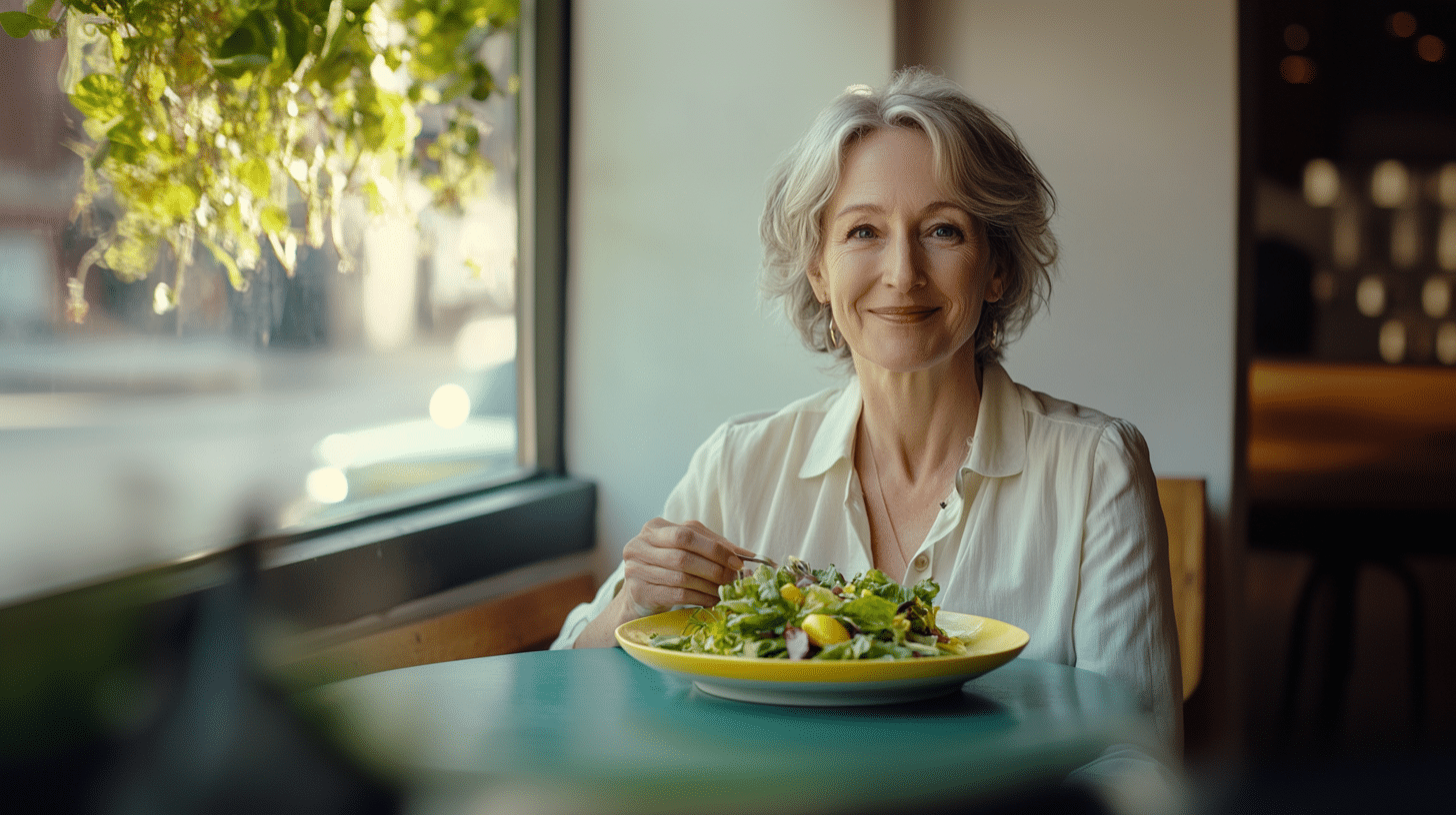 A middle-aged woman happily dining in a restaurant.