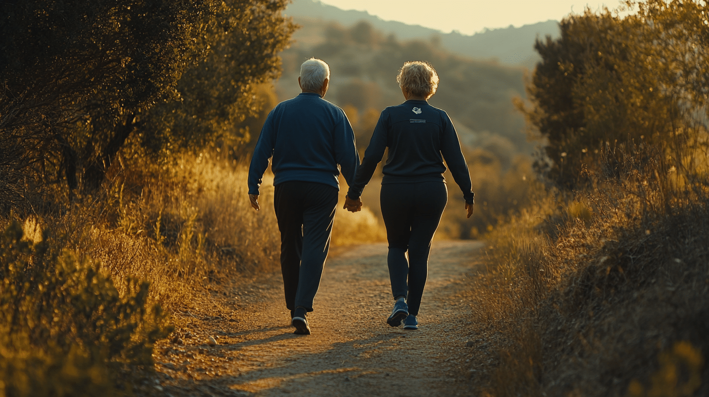 A happy couple walking on a trail.