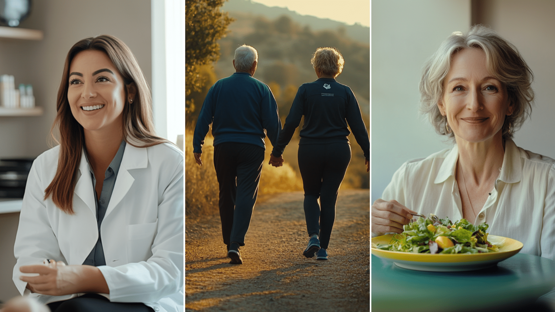 A happy couple walking on a trail.