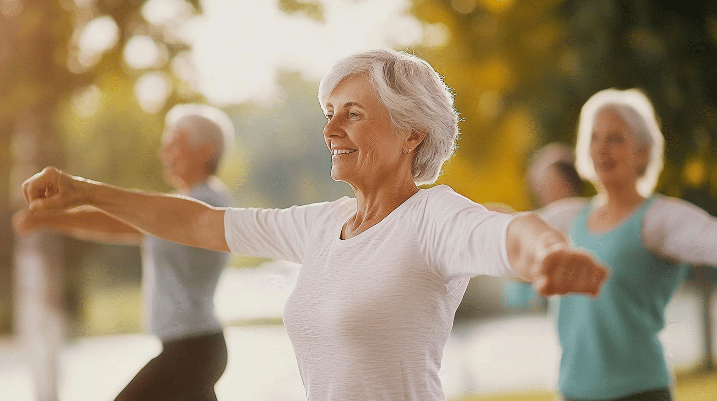 A group of elderly people doing an exercise.