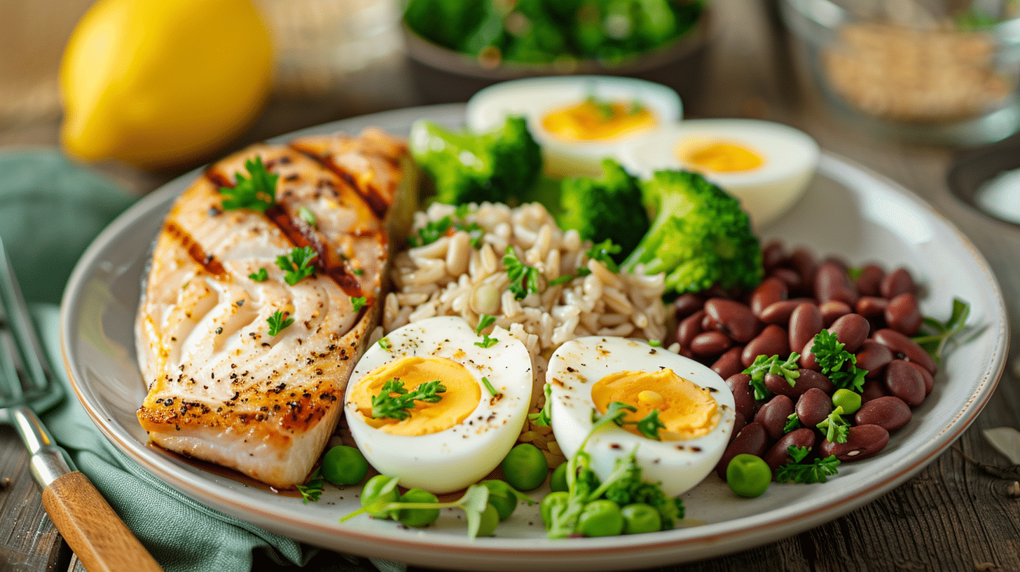 an image of a balanced and healthy meal on a dinner plate. The meal should include steamed fish, boiled eggs, steamed broccoli, brown rice, and beans.