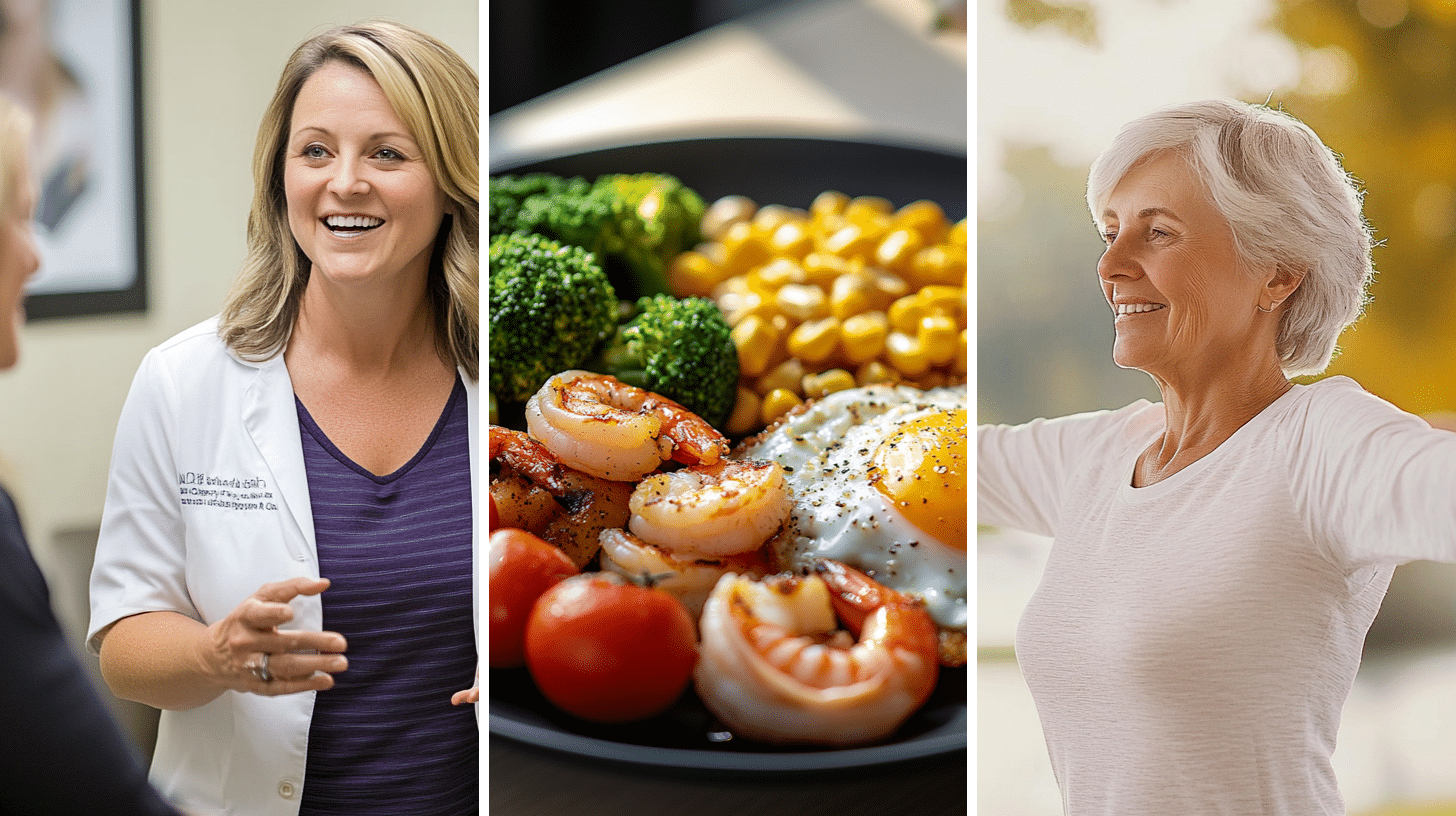 A weight loss consultant explaining semaglutide and its dosing schedules, a delicious and nutritious meal, and a group of elderly people doing an exercise.