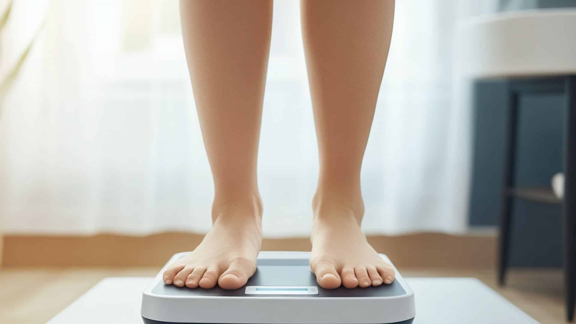 an image of a woman standing flat-footed on a digital weighing scale in a bright, modern bathroom.