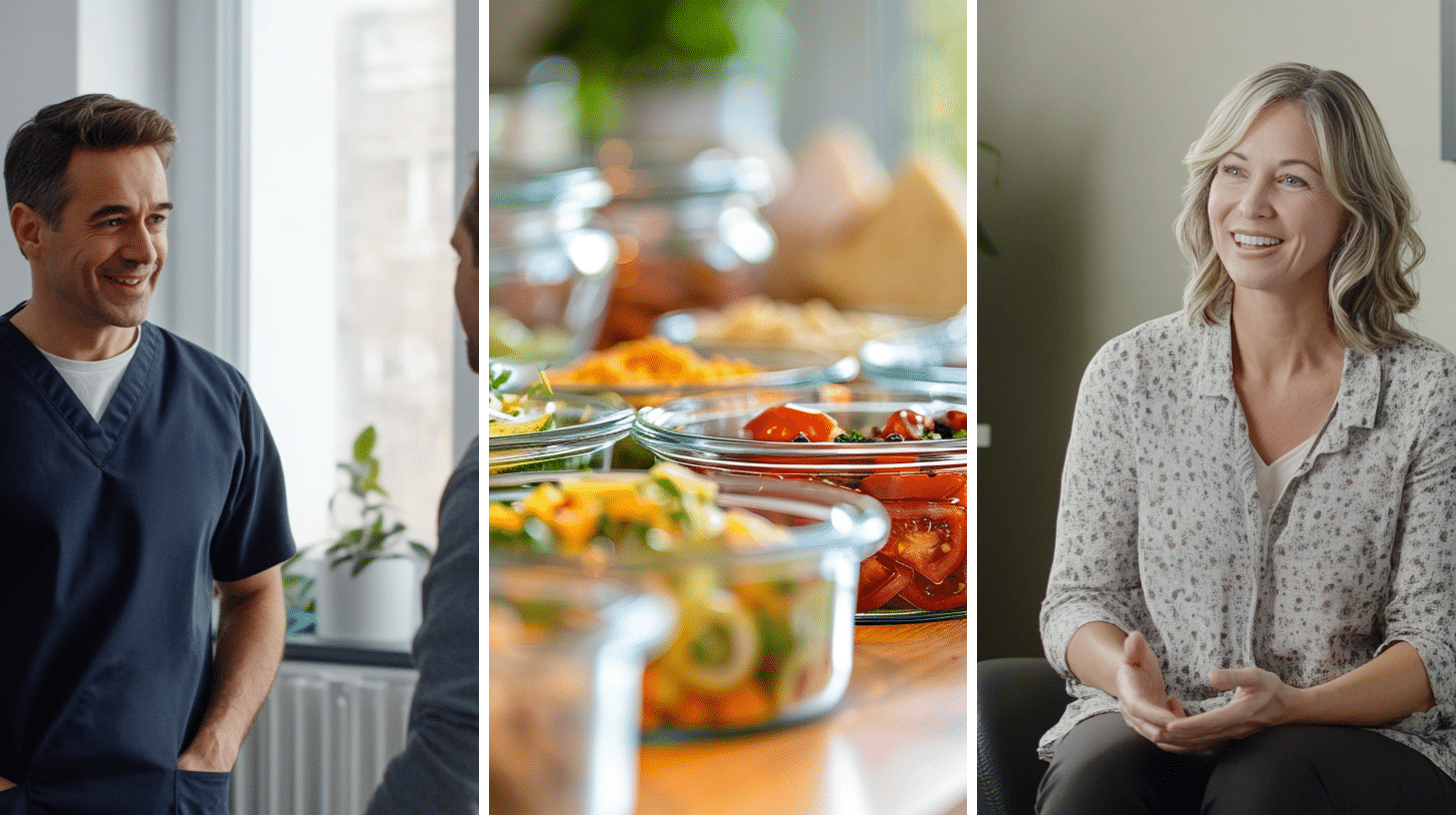 A clinician having a conversation with a patient in the clinic, an image of healthy meal prep symbolizing a healthy relationship with food, and a patient sharing her weight loss success story.