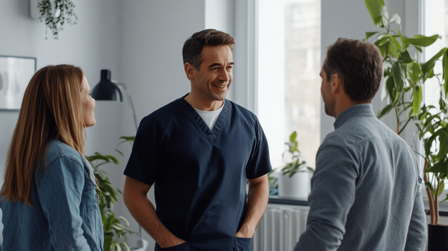 A clinician having a conversation with a patient in the clinic.