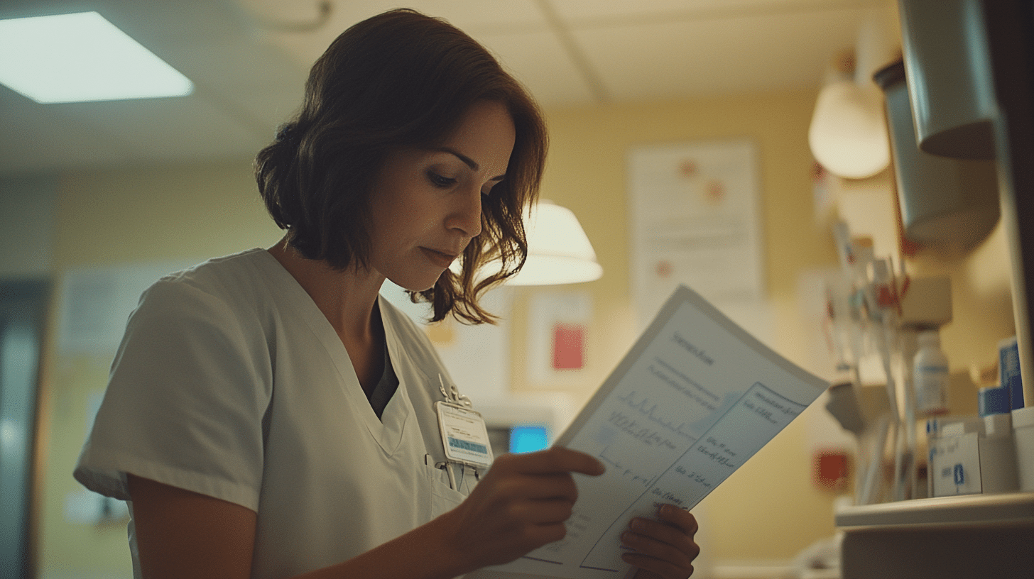 A thoughtful healthcare professional, a nurse, reviewing a patient's medical chart in a well-lit hospital or clinic.