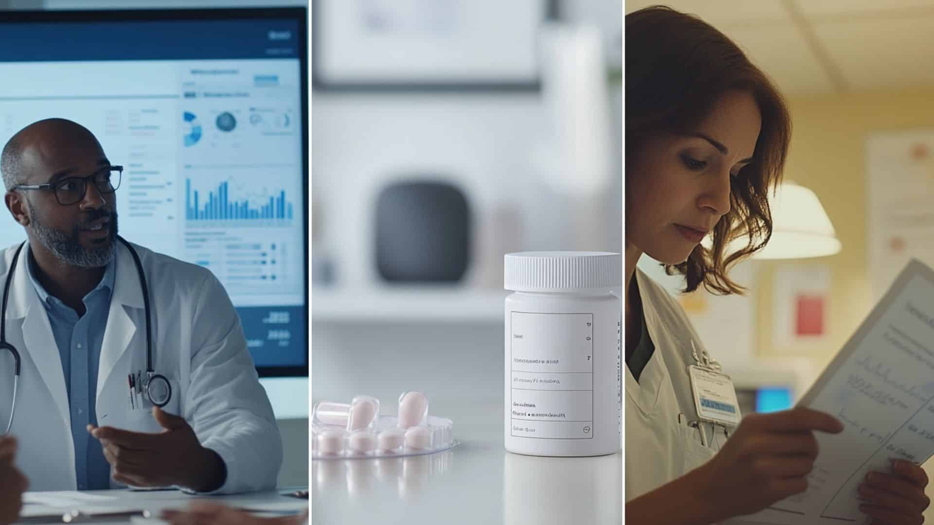 A close-up shot of Rybelsus medication packaging with the brand name visible, placed next to a daily pill organizer. A thoughtful healthcare professional, a nurse, reviewing a patient's medical chart in a well-lit hospital or clinic.