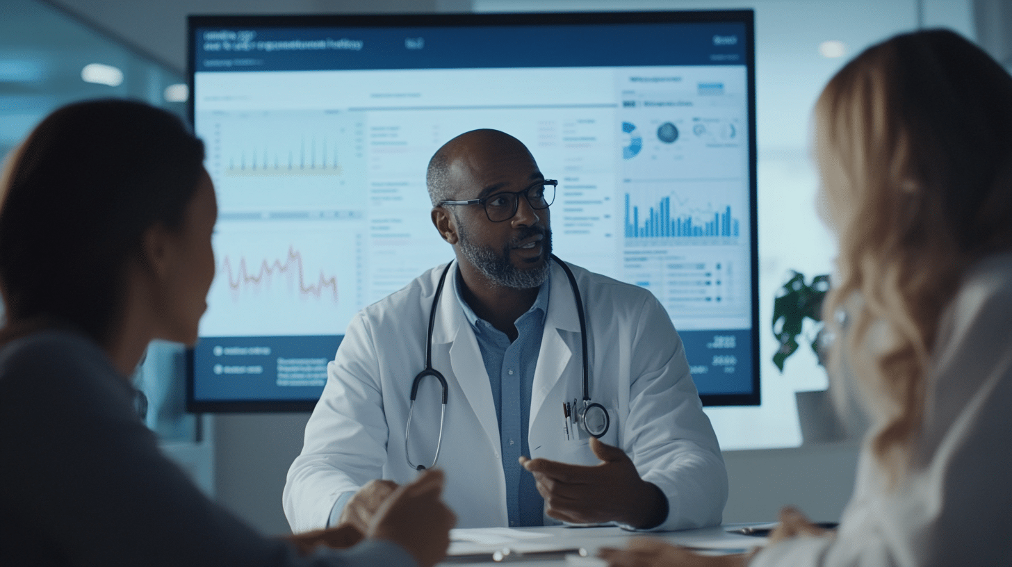 A doctor explaining the benefits of semaglutide to patients in a medical clinic, with a screen displaying graphs and visuals related to type 2 diabetes, cardiovascular risks, and heart health.