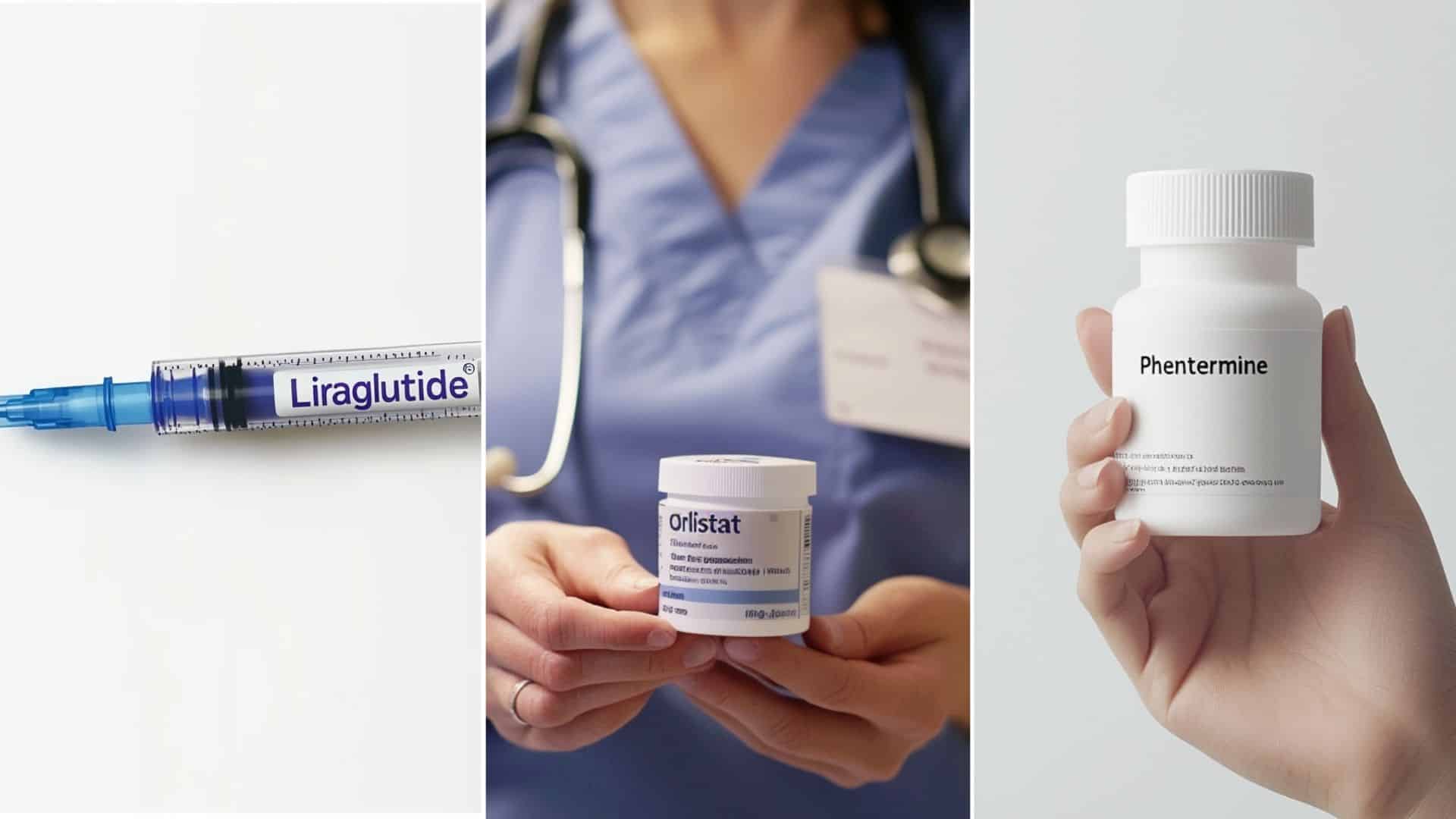 A nurse in a hospital setting is holding a small box labeled 'Orlistat.' The nurse is wearing standard scrubs in a light blue color, with a stethoscope around their neck. Hand holding a white bottle of supplement labelled "Phentermine", isolated on a white background. injection pen labelled "Liraglutide".