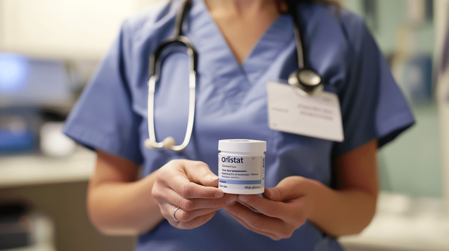 A nurse in a hospital setting is holding a small box labeled 'Orlistat.' The nurse is wearing standard scrubs in a light blue color, with a stethoscope around their neck.