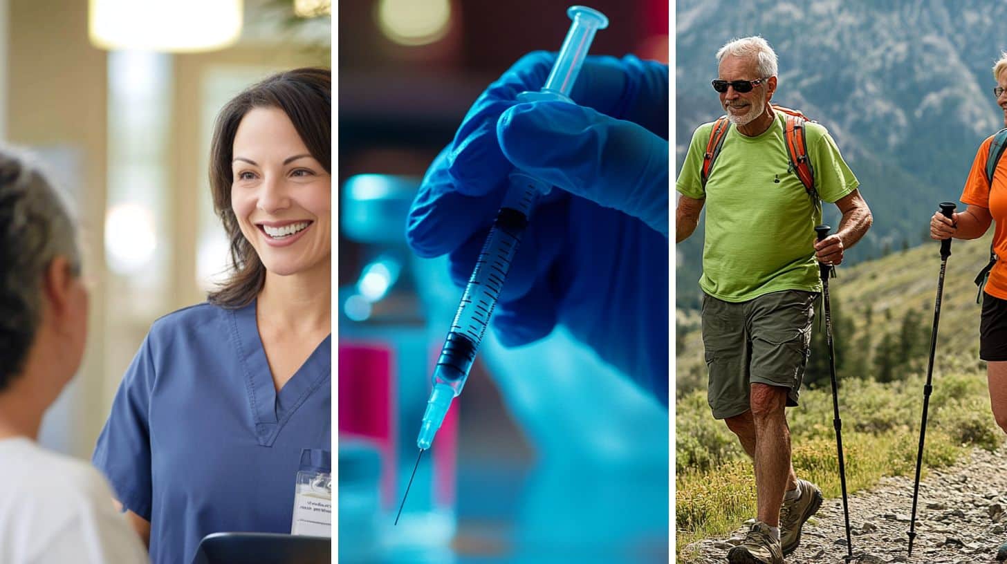 A semaglutide specialist talking to a patient, an injectable symbolizing the semaglutide treatment plan, and a a healthy senior couple hiking on a rugged mountain trail.