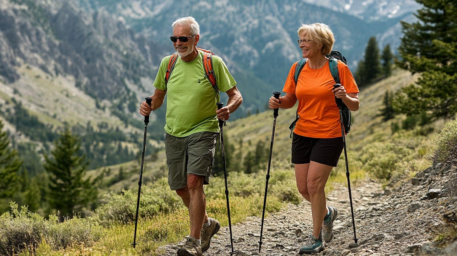 An image of a healthy senior couple hiking on a rugged mountain trail.