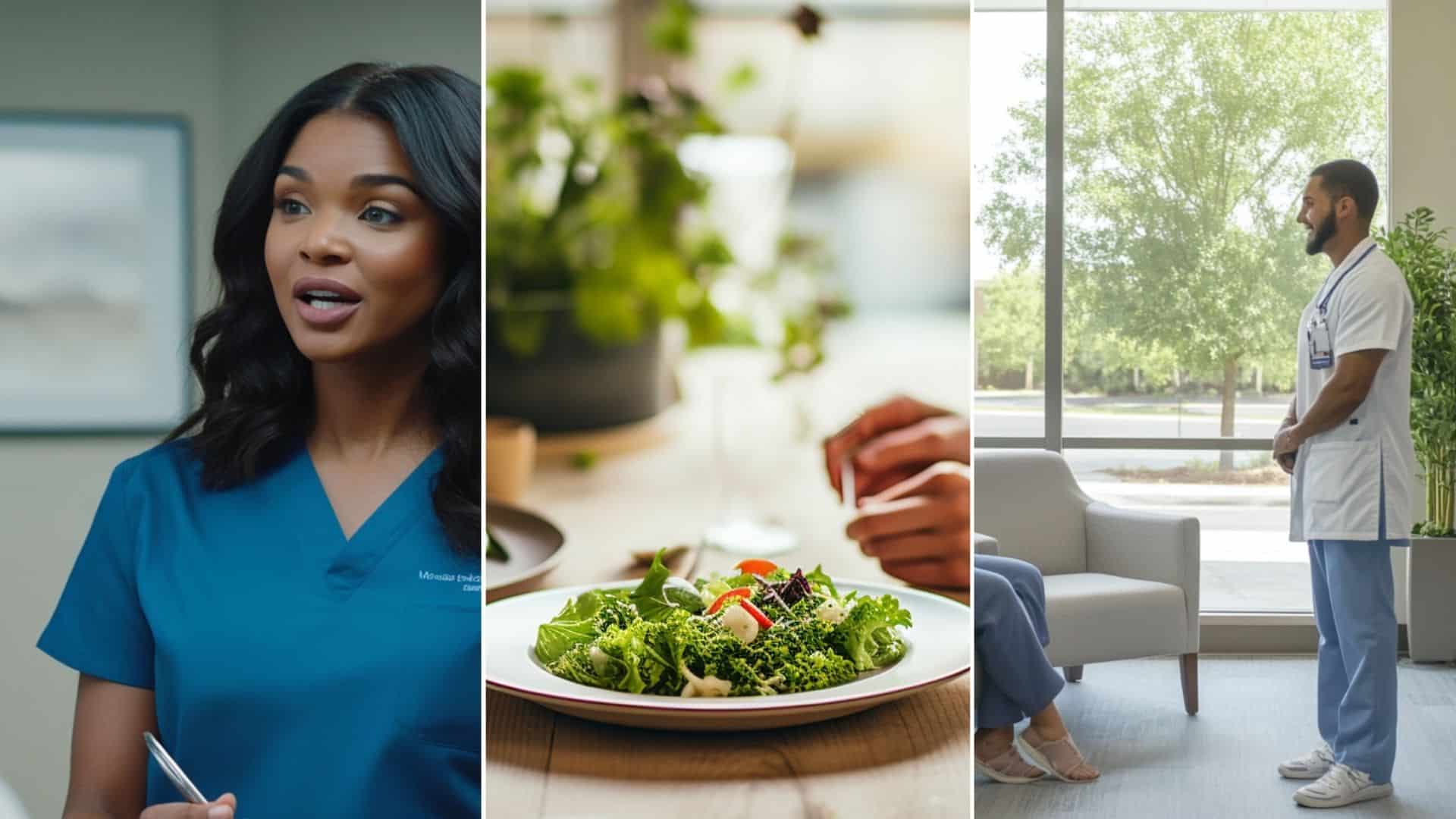 serene dining setting that promotes calmness and focus. Consider an image of a person eating alone at a simple, clutter-free table, with a focus on their meal. The table could have a healthy, colorful plate of food, and the person might be seen pausing to savor a bite, eyes closed or looking thoughtfully at their meal. A nurse practitioner talking to a patient in a clinic setting. Show a friendly consultant wearing a blue scrub interacting with a client in a comfortable, well-designed consultation room. A modern clinic setting with a calm, welcoming atmosphere. A nurse stands beside a seated patient, engaging in a warm, friendly conversation.