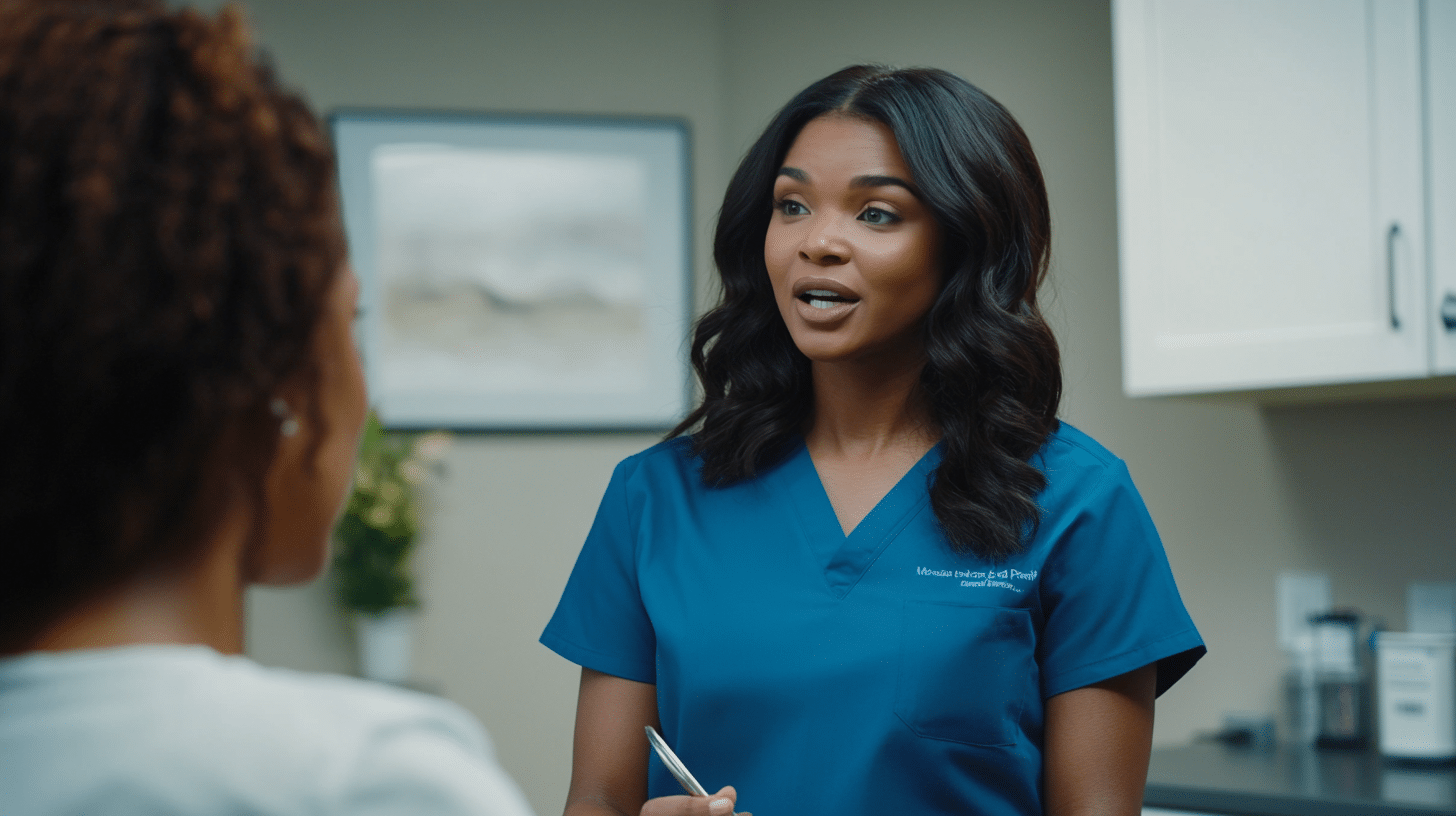 A nurse practitioner talking to a patient in a clinic setting. Show a friendly consultant wearing a blue scrub interacting with a client in a comfortable, well-designed consultation room.