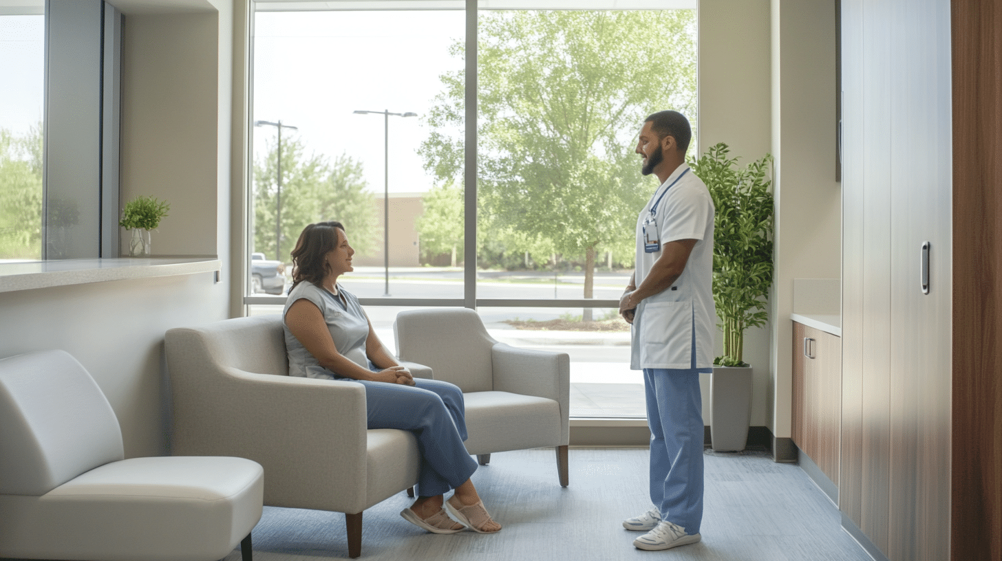 A modern clinic setting with a calm, welcoming atmosphere. A nurse stands beside a seated patient, engaging in a warm, friendly conversation.