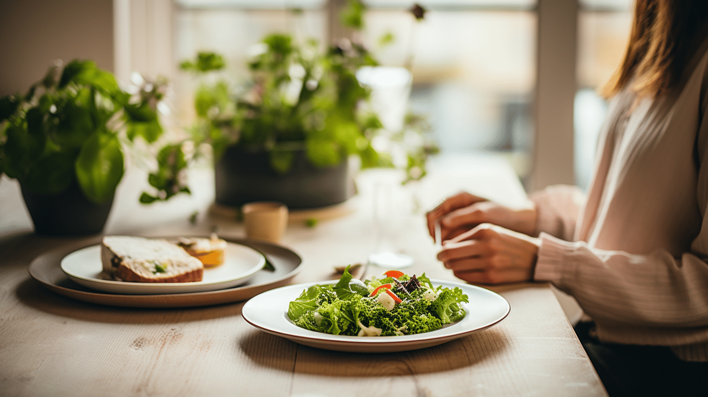 serene dining setting that promotes calmness and focus. Consider an image of a person eating alone at a simple, clutter-free table, with a focus on their meal. The table could have a healthy, colorful plate of food, and the person might be seen pausing to savor a bite, eyes closed or looking thoughtfully at their meal.