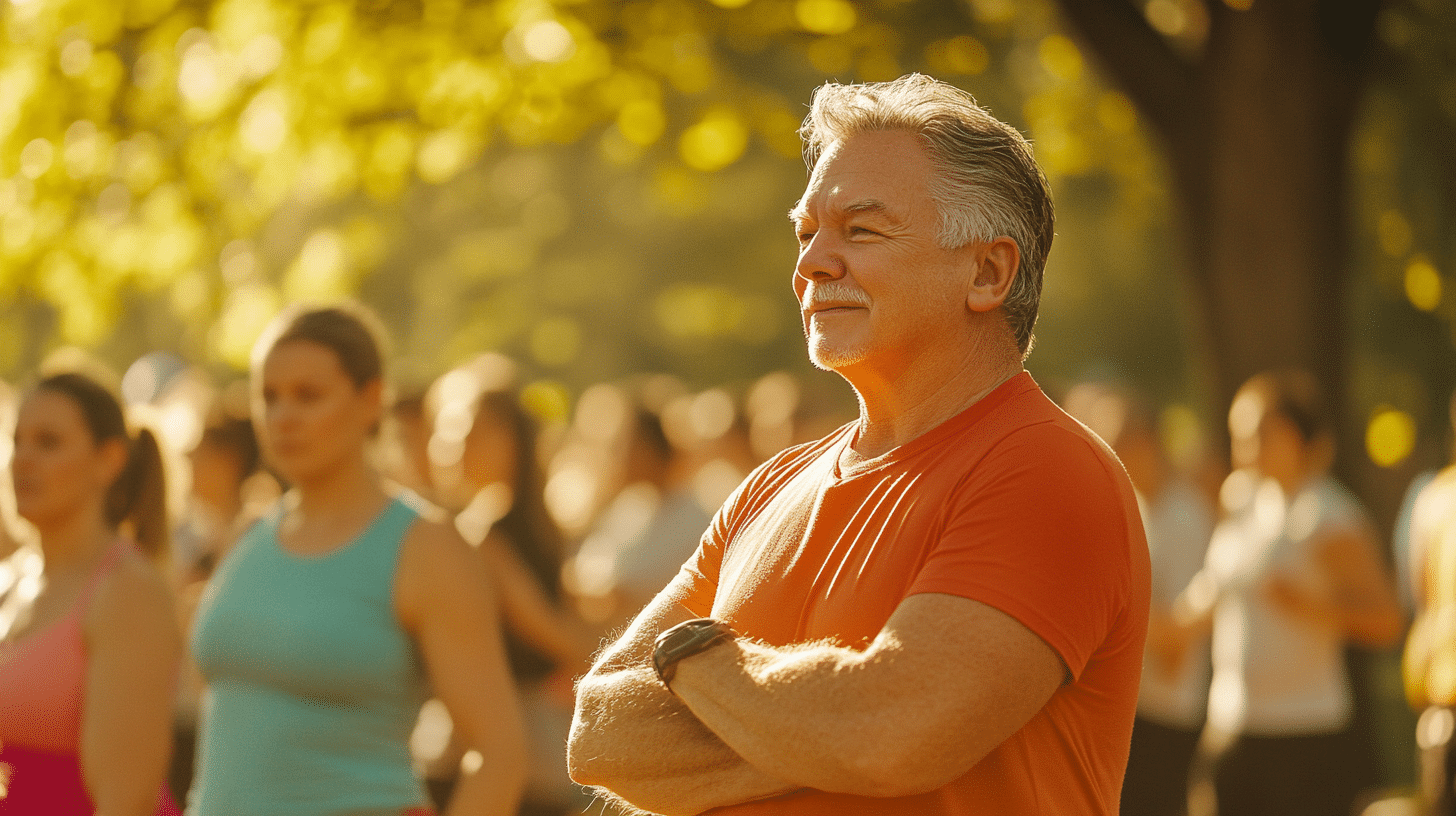 an image of a bright Sunday morning in a beautiful park, filled with middle-aged men and women (ages 40-50) exercising Zumba.