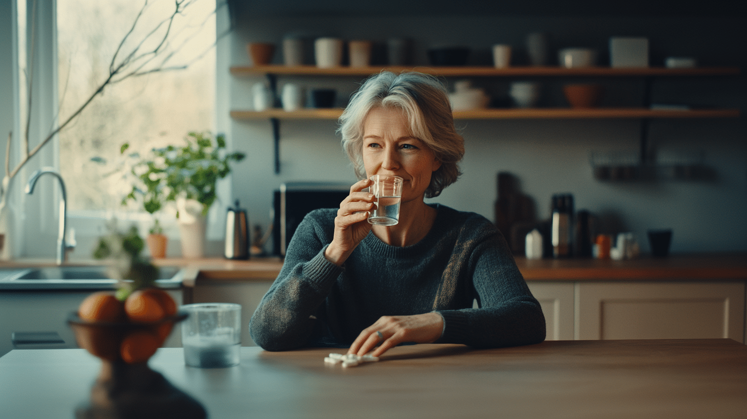 A middle-aged woman drinking her medication.