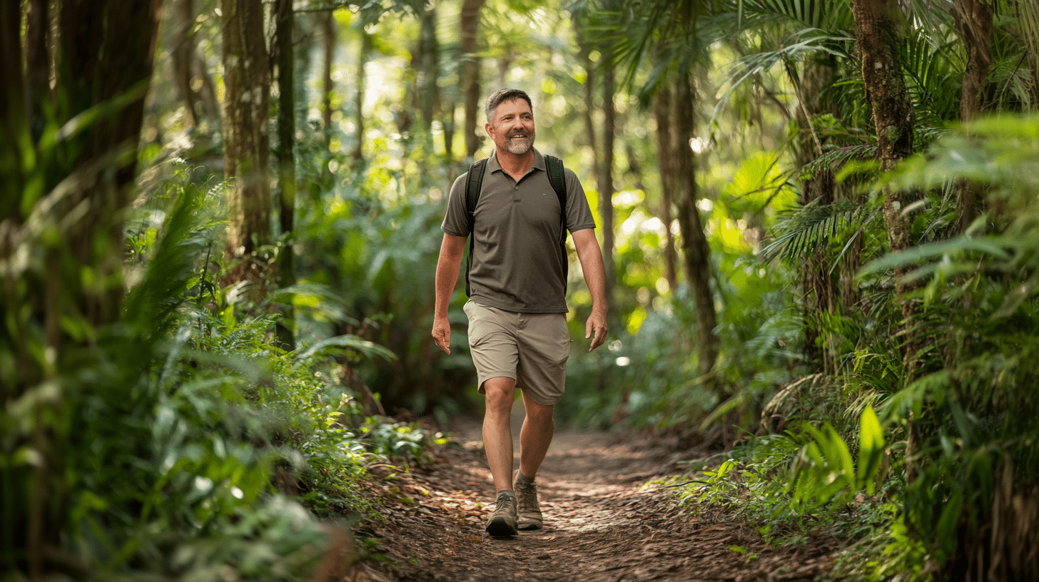 A middle-aged man walking on a trail.