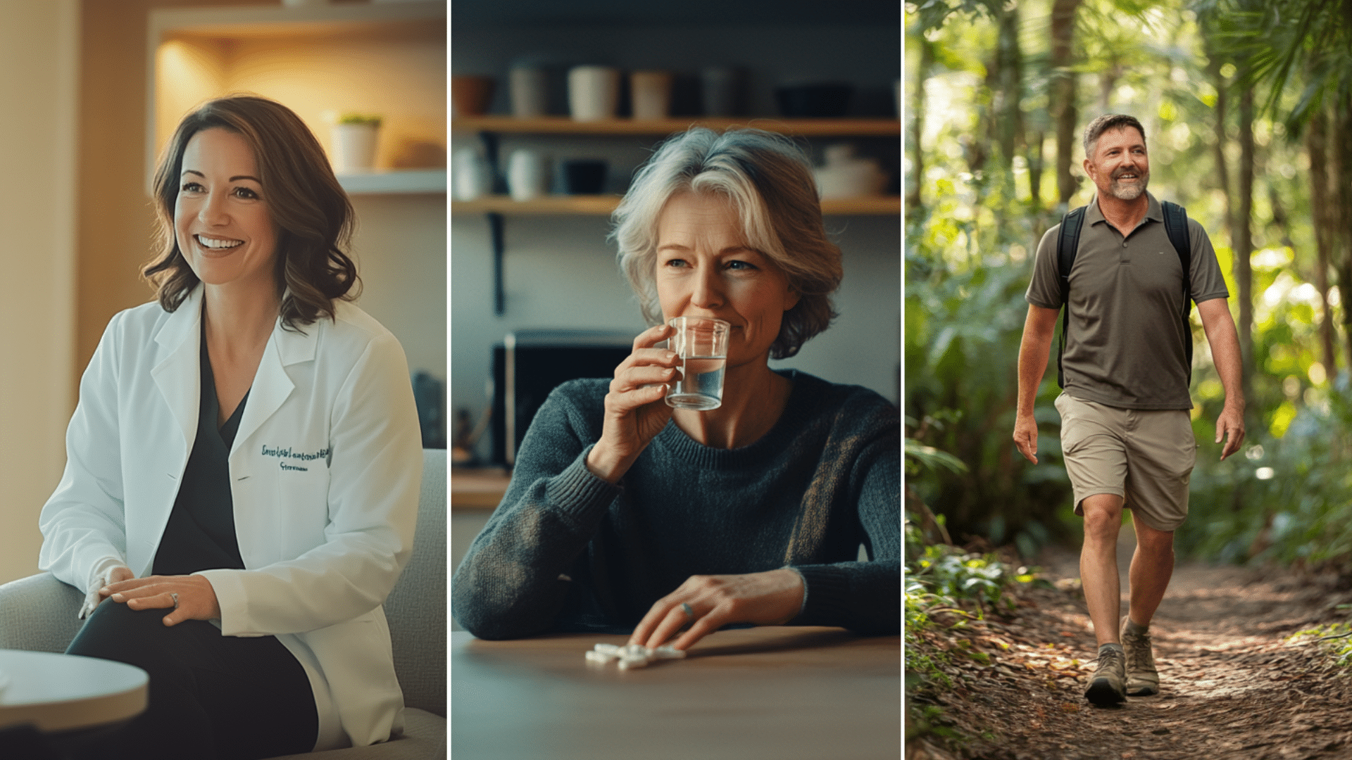 A middle-aged woman drinking her medication.