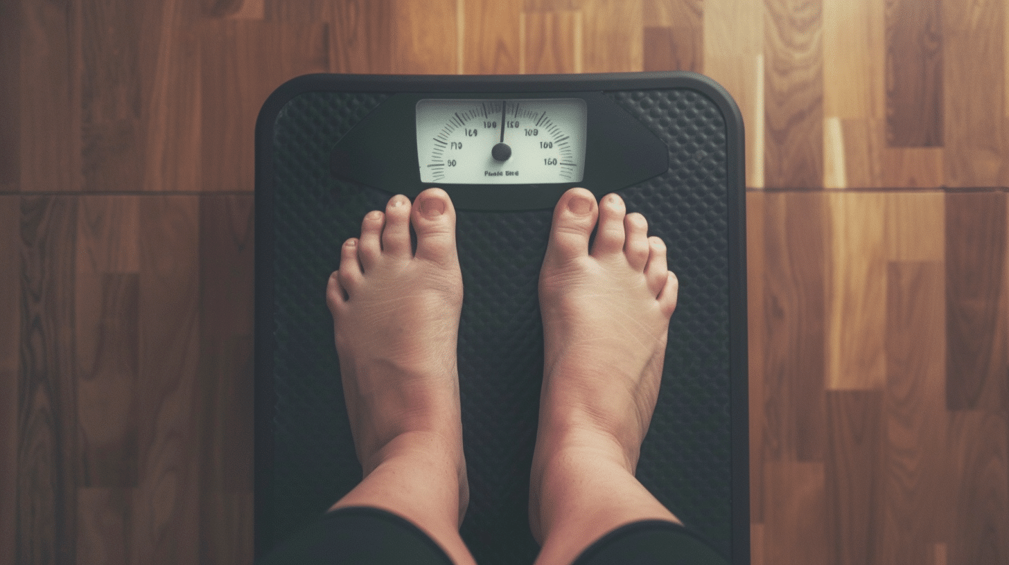 an image of a person standing on a bathroom scale, looking down at their feet, with an expression of contemplation or mild frustration.