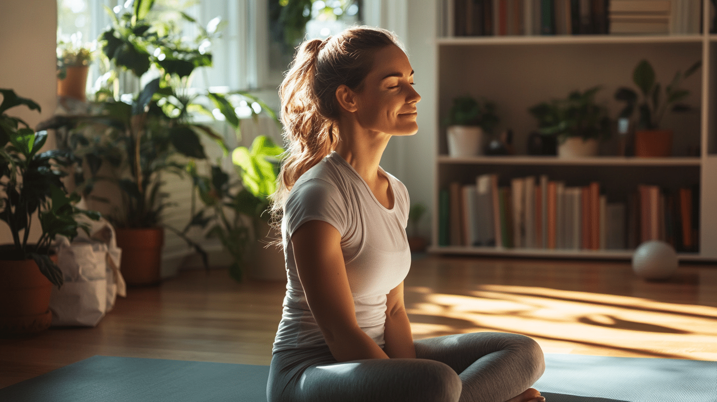 a woman aged 40-50 in comfortable, casual workout attire. in a bright and airy living room. Include a yoga mat on the floor, and in the background, show a neatly arranged bookshelf and a potted plant to convey a cozy atmosphere.