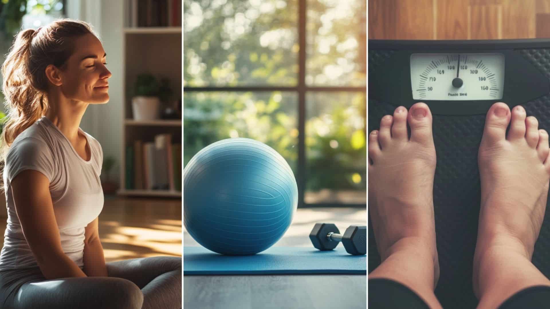 an image of a person standing on a bathroom scale, looking down at their feet, with an expression of contemplation or mild frustration.