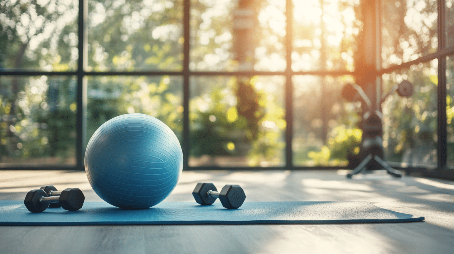 A yoga ball, dumbbells, and a fitness mat arranged in a gym, with natural light streaming through large windows, creating a bright and airy atmosphere. Premium