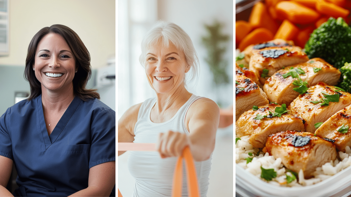 An expert semaglutide specialist, active smiling seniors in exercise class using resistance bands, and a balanced and nutritious meal.