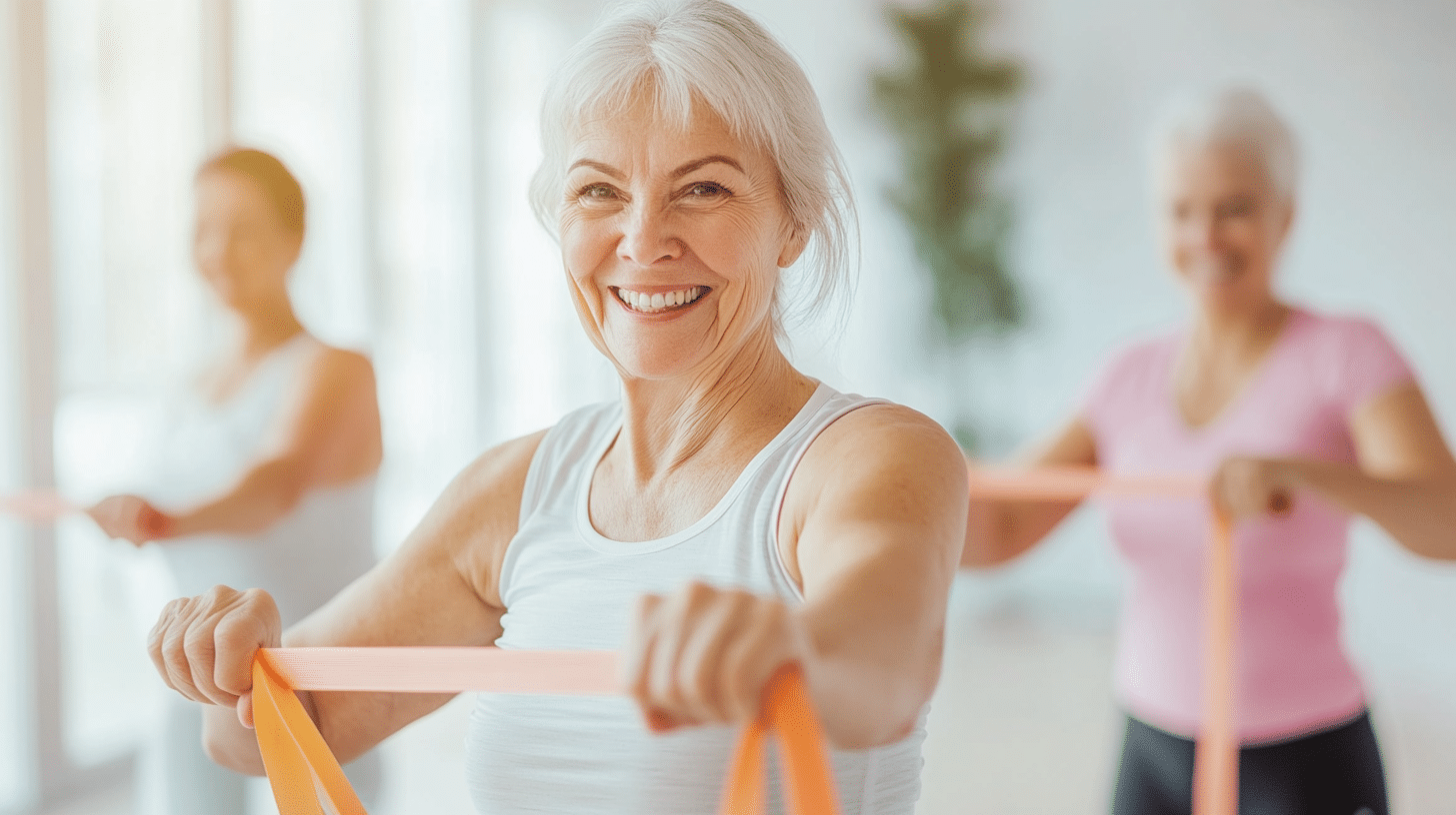 Active smiling seniors in exercise class using resistance bands.