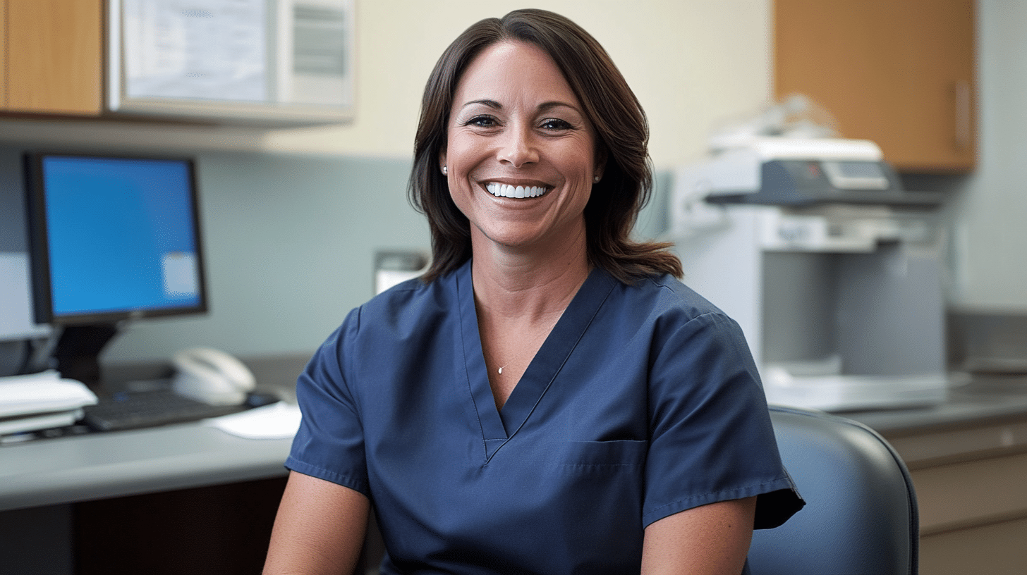 An expert semaglutide specialist, wearing scrubs and sitting in her clinic.