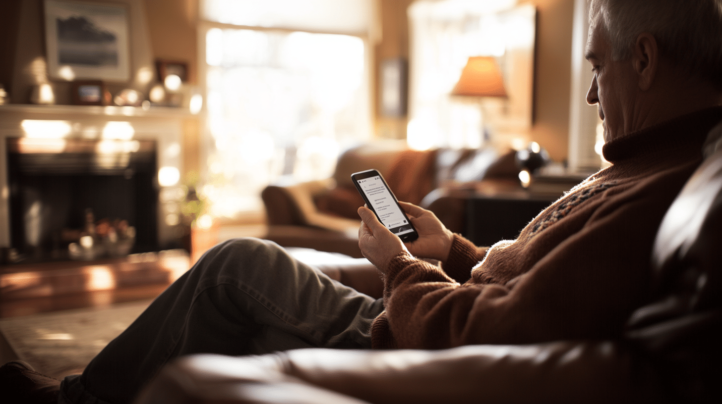 A man checking reviews on his cellphone.