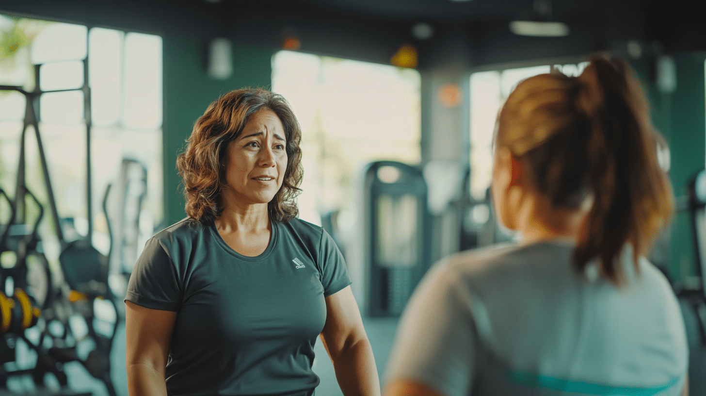 A trainer in the gym having a conversation with her client.