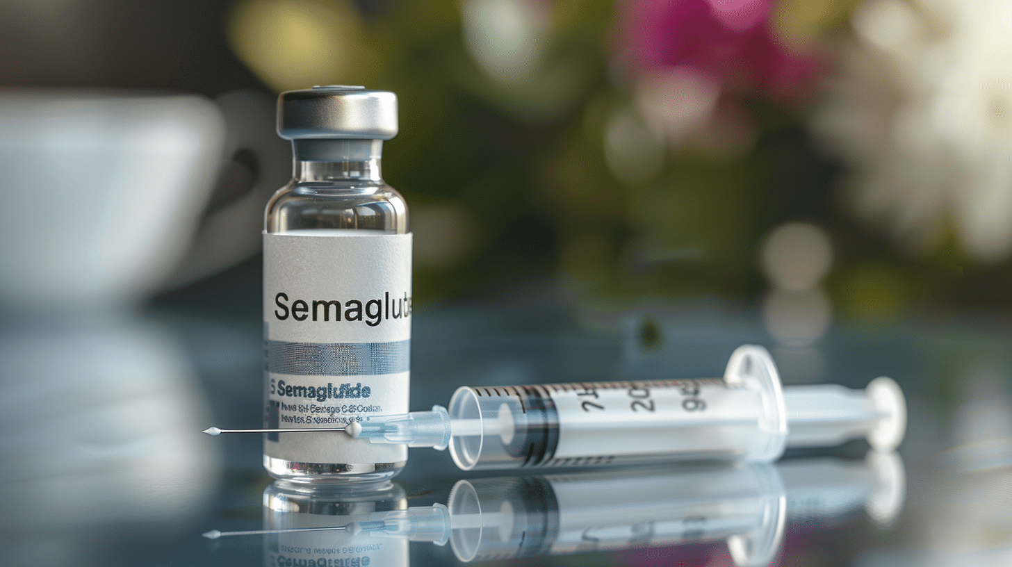 a close-up image of a medical syringe labeled 'Semaglutide' placed on a clinic table.