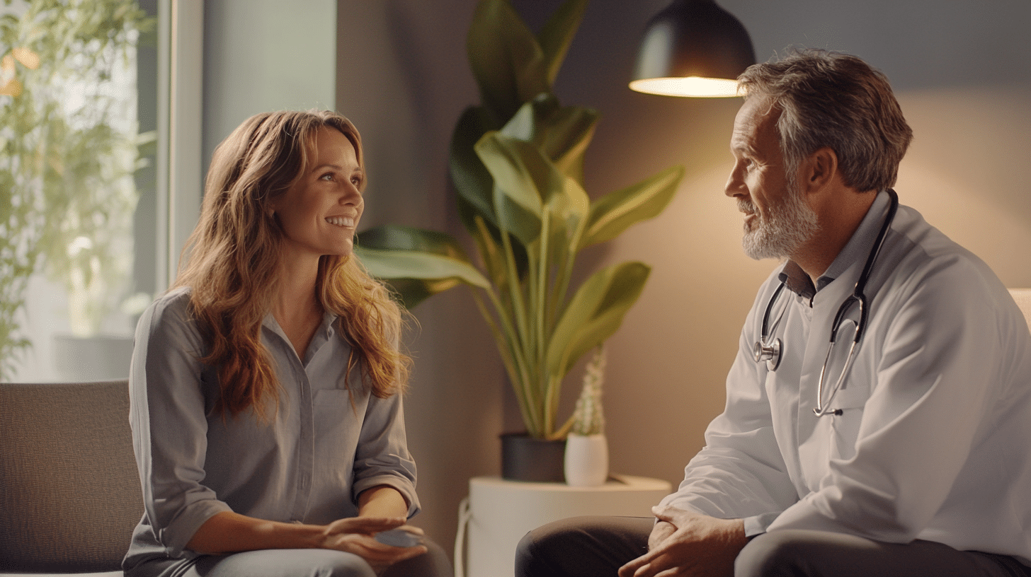 A welcoming and professional clinic setting. Show a friendly consultant in simple, casual clothing interacting with a nurse in a comfortable, well-designed consultation room with a plant in the background. The 50 year old patient is talking to the nurse practitioner.