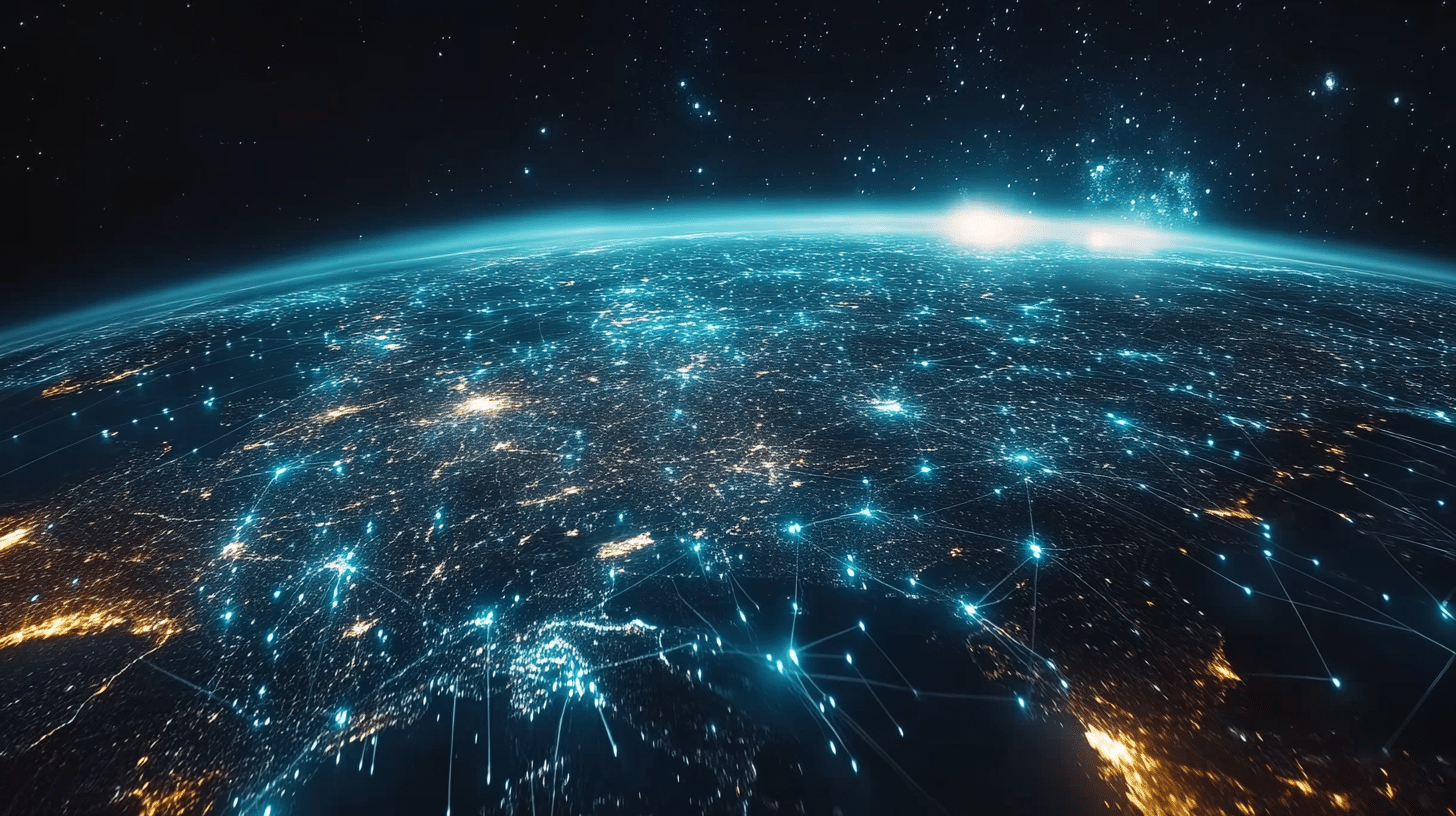 a high-resolution image of Earth at night, focusing on Europe from space, showing interconnected glowing network lines spanning across countries. The lines should convey a sense of digital connectivity and global communication.